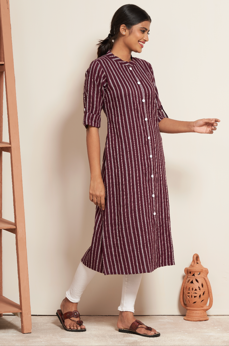 Plum Hanloom Stripe Straight Kurti