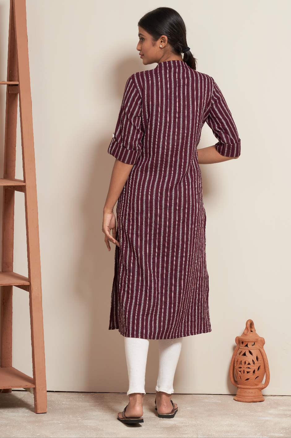 Plum Hanloom Stripe Straight Kurti