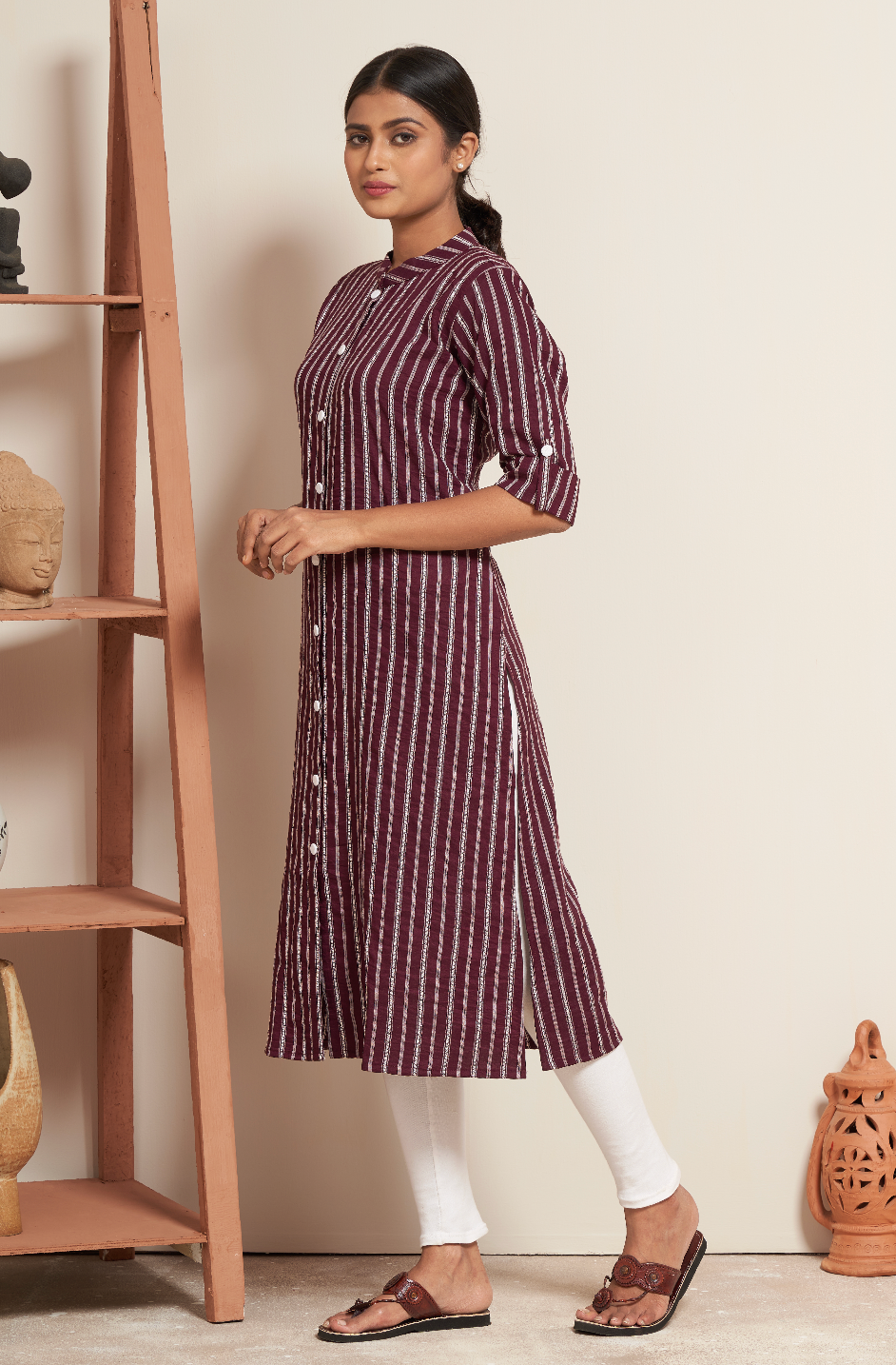 Plum Hanloom Stripe Straight Kurti