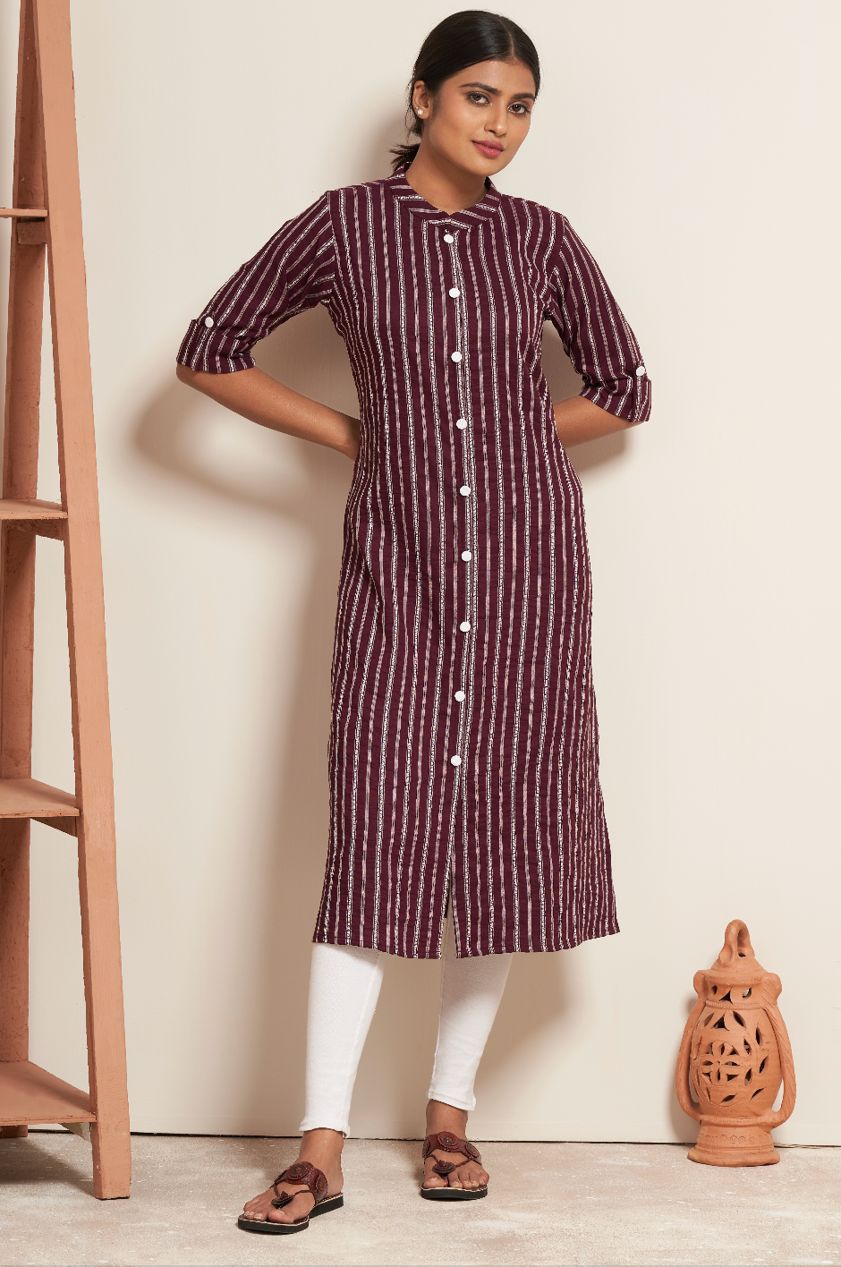Plum Hanloom Stripe Straight Kurti
