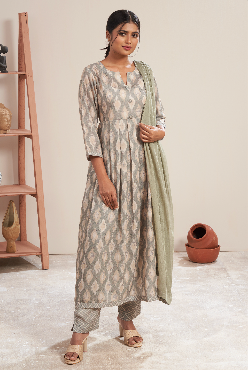 Ethereal Sage Ikat Print Kurta Set