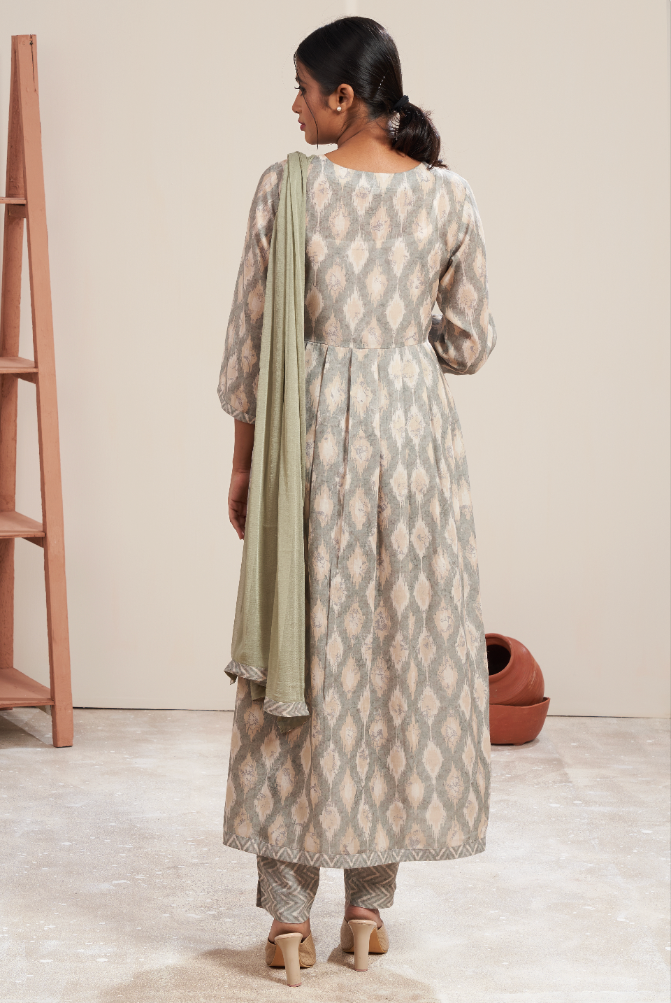 Ethereal Sage Ikat Print Kurta Set