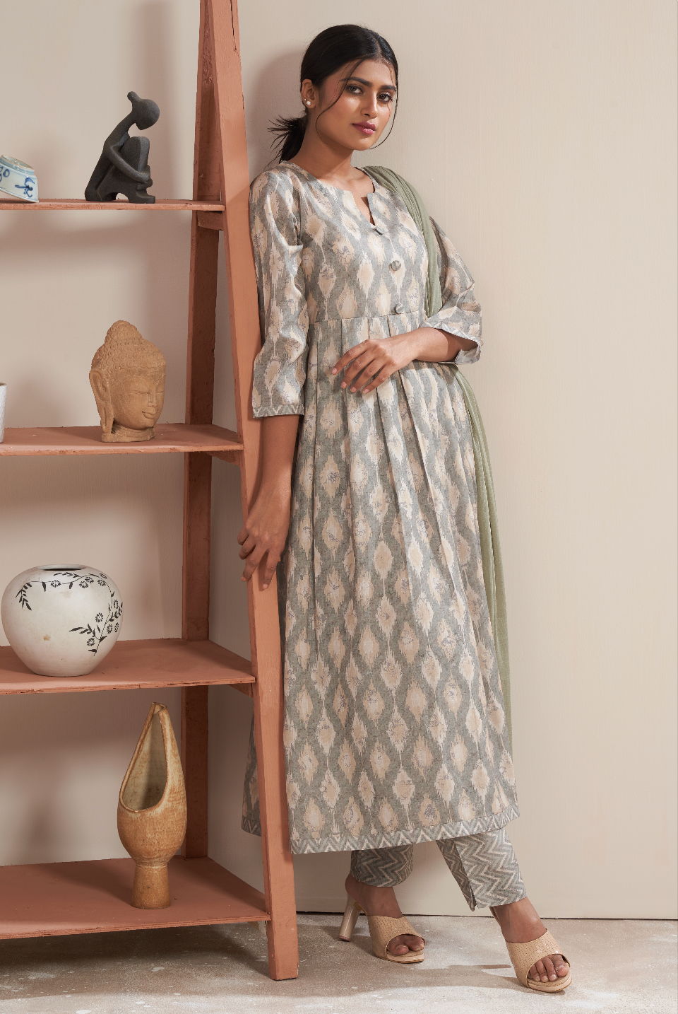 Ethereal Sage Ikat Print Kurta Set