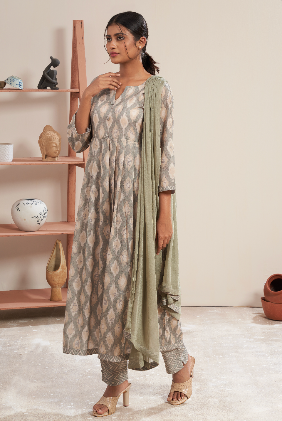 Ethereal Sage Ikat Print Kurta Set