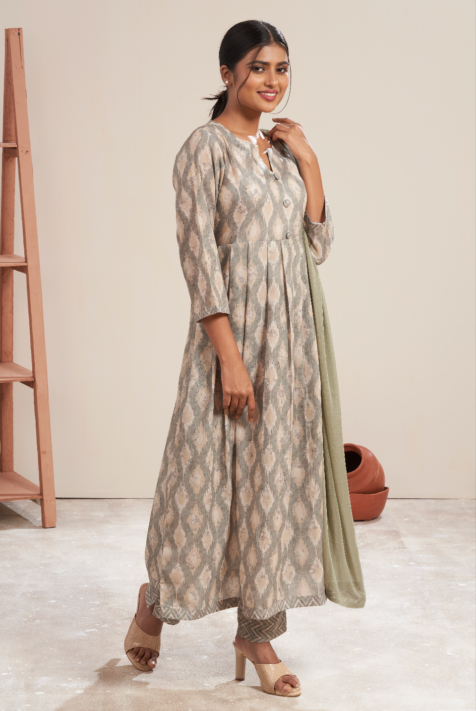 Ethereal Sage Ikat Print Kurta Set