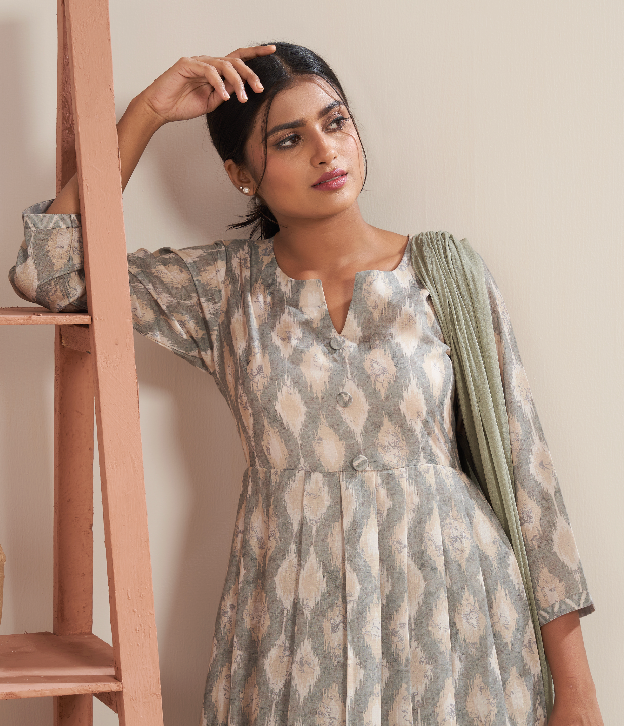 Ethereal Sage Ikat Print Kurta Set