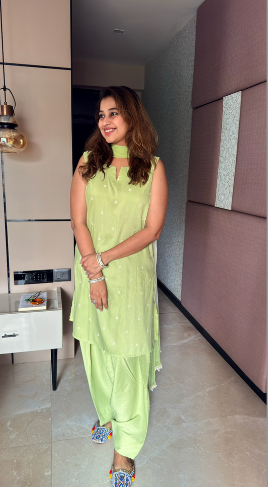 Pistachio Grace Sleeveless Farshi Salwar Set with Ombre Dupatta (Extra Sleeves Fabric)