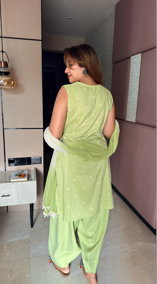 Pistachio Grace Sleeveless Farshi Salwar Set with Ombre Dupatta (Extra Sleeves Fabric)