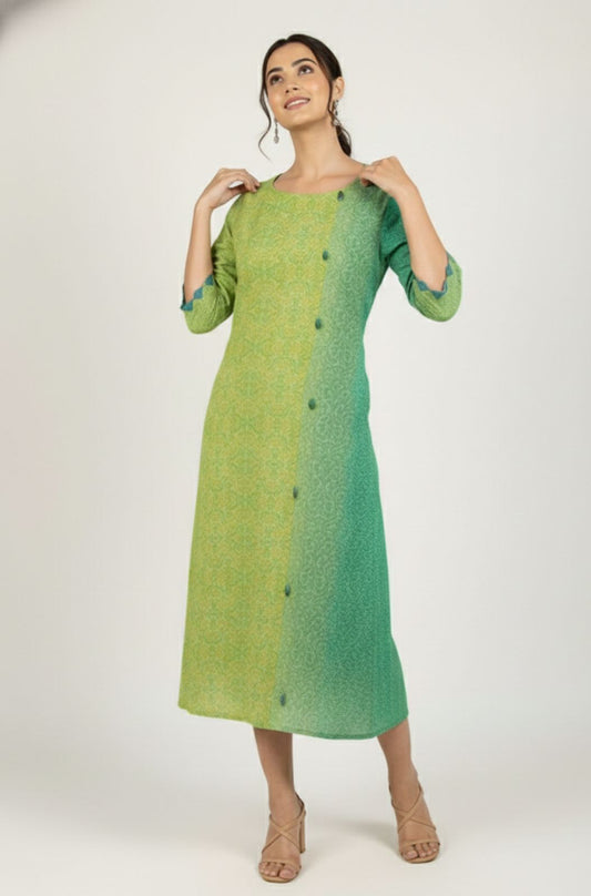 Green Ombre Printed Midi Dress for Women with Button Detailing