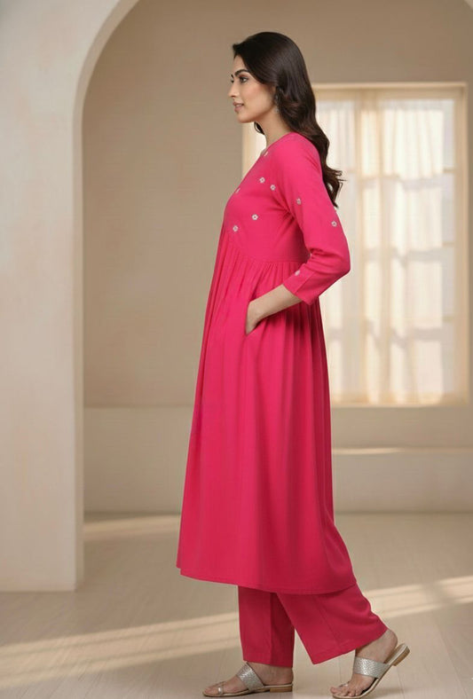Pink Embroidered Flared Kurti Pant Set for Women with V Neck Design