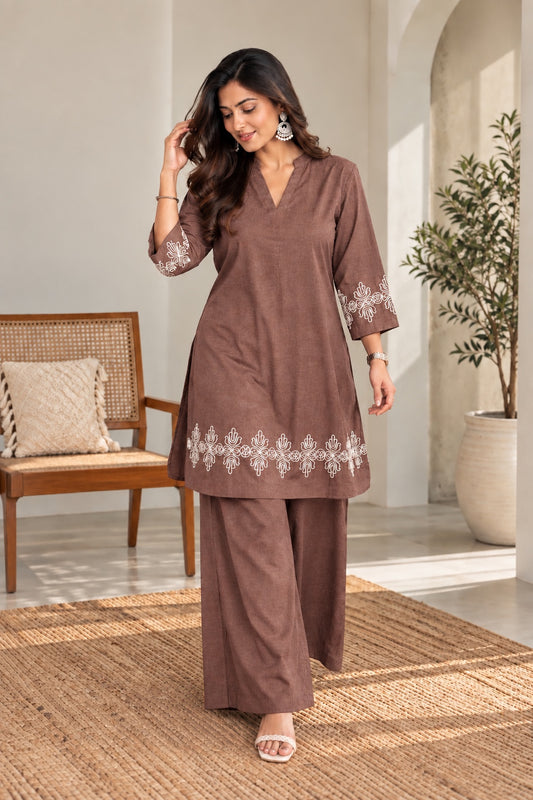 Brown Embroidered Co-ord Set with White Threadwork
