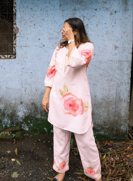 Baby Pink Floral Printed Linen Co-ord Set