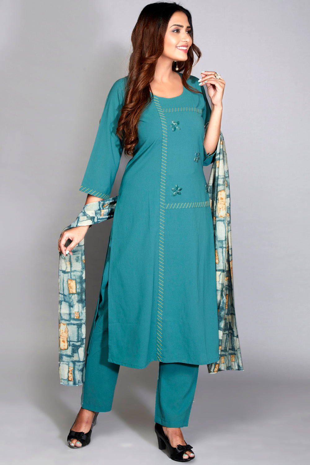 Embroidered Kurti Set With Printed Dupatta