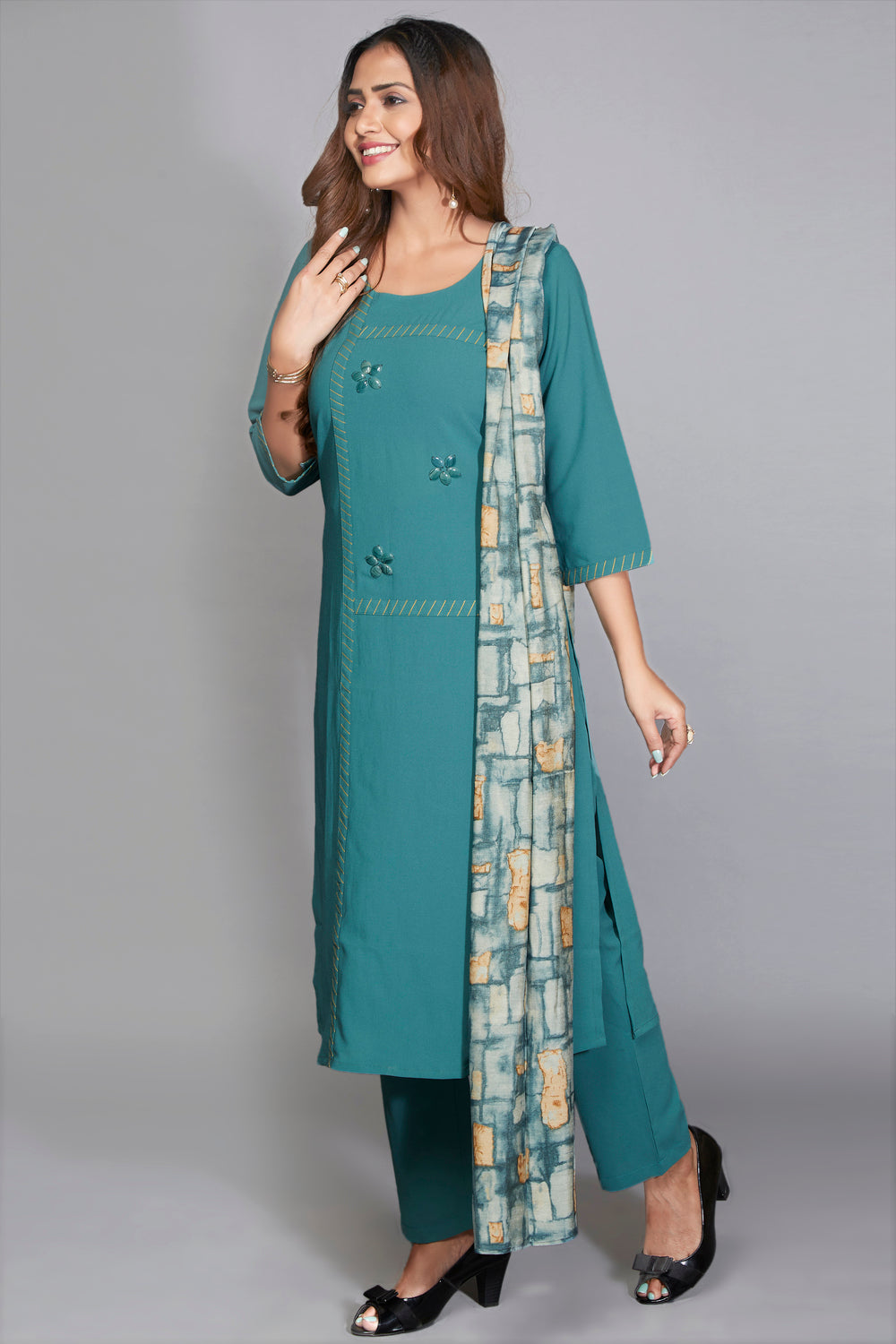 Embroidered Kurti Set With Printed Dupatta