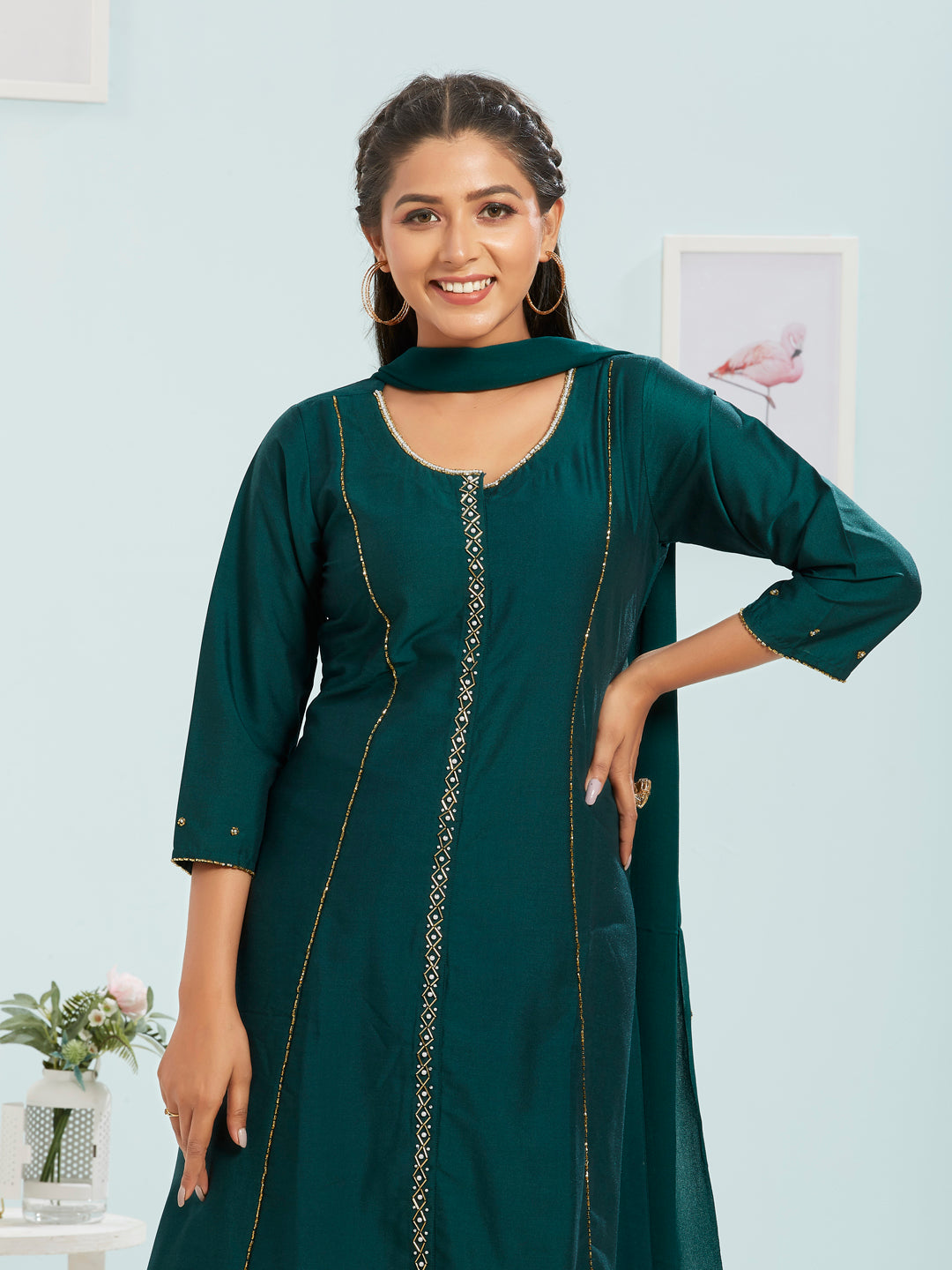 Embellished A-line Kurti Set With Dupatta