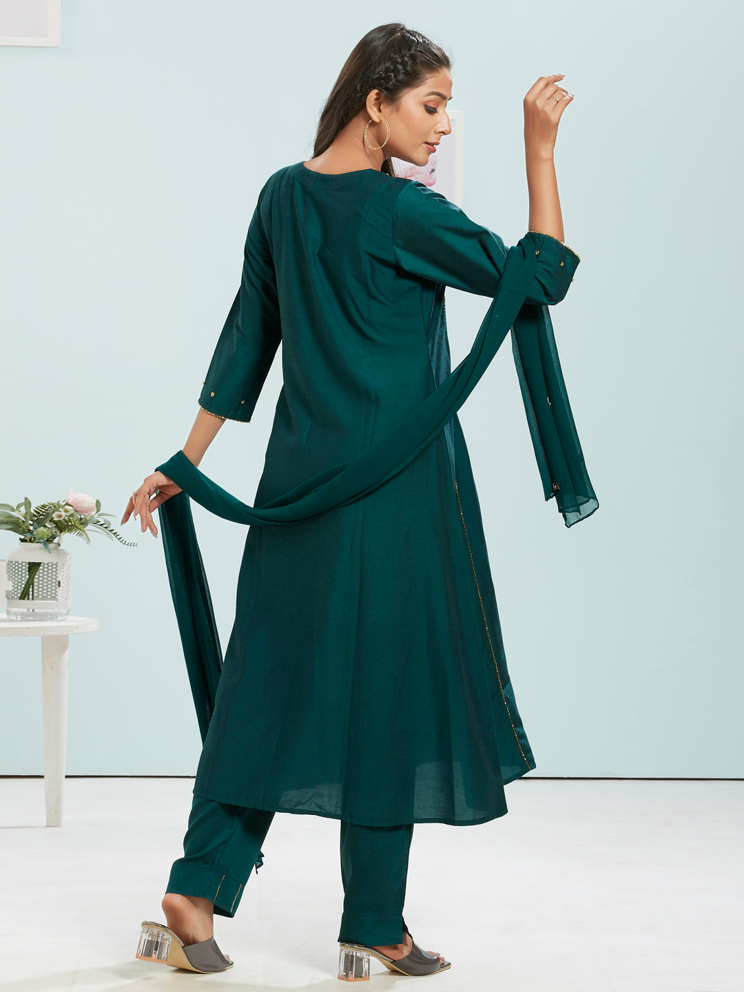 Embellished A-line Kurti Set With Dupatta