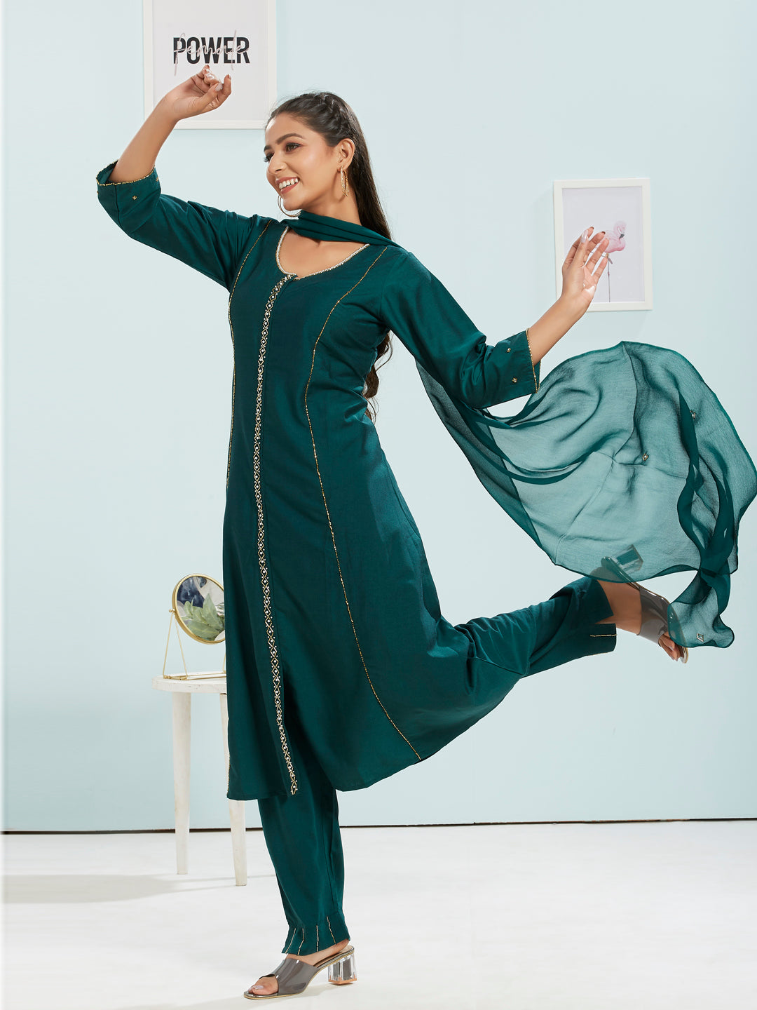 Embellished A-line Kurti Set With Dupatta