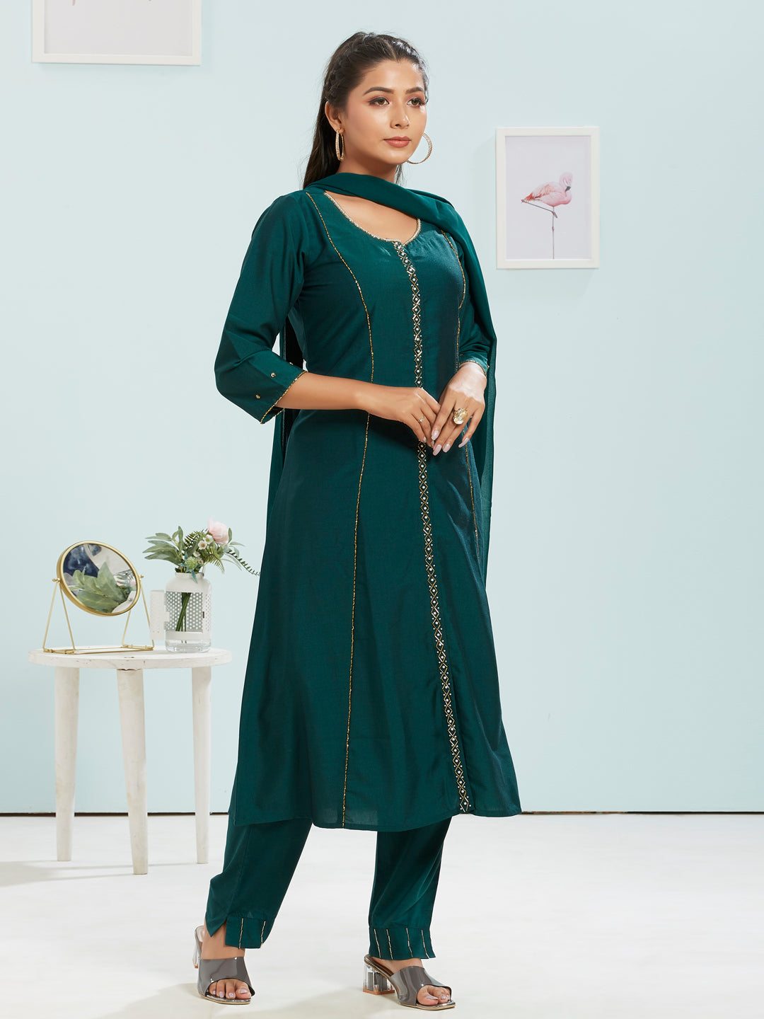 Embellished A-line Kurti Set With Dupatta