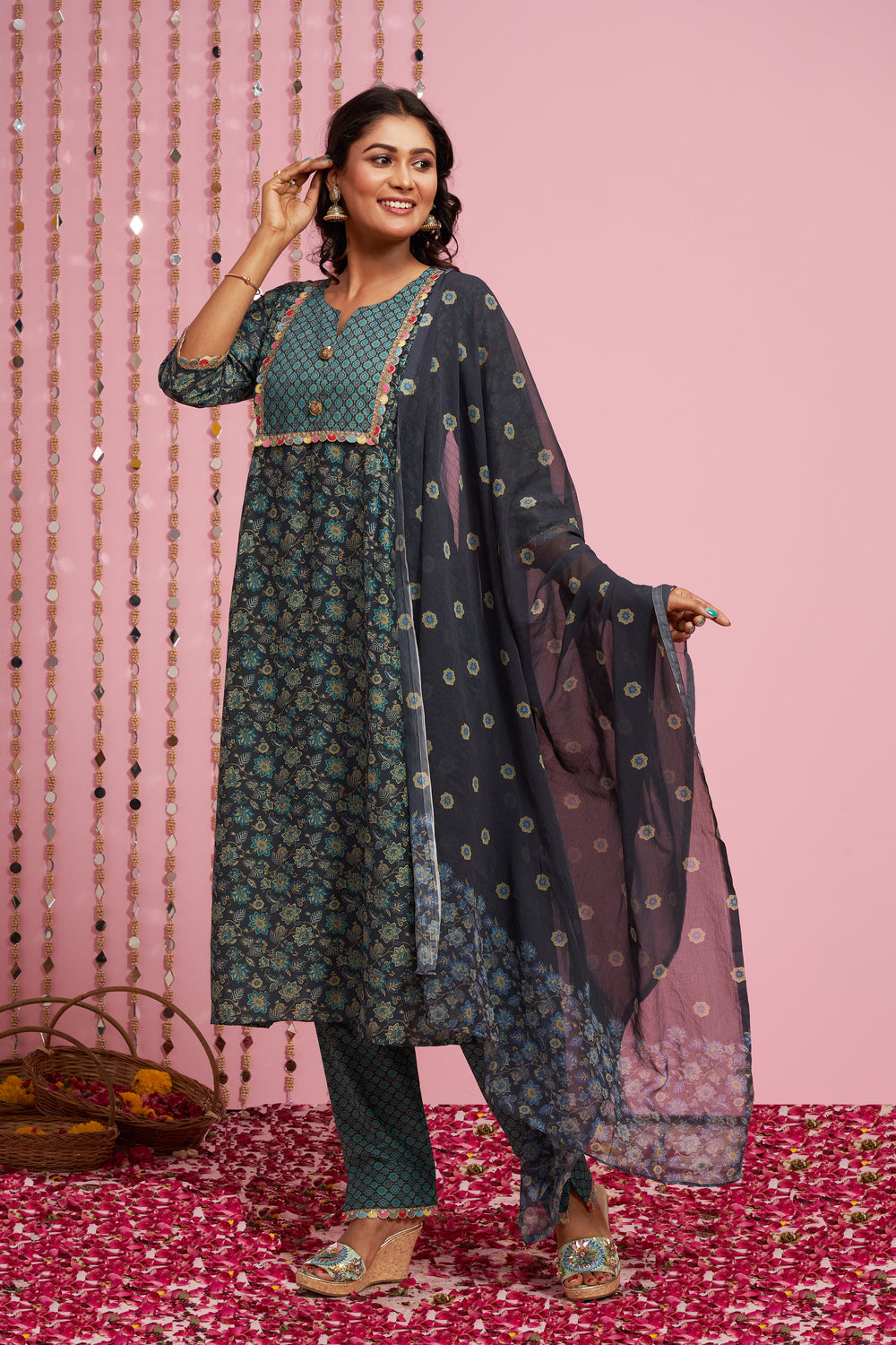 Foil Printed Kurti Set With Dupatta