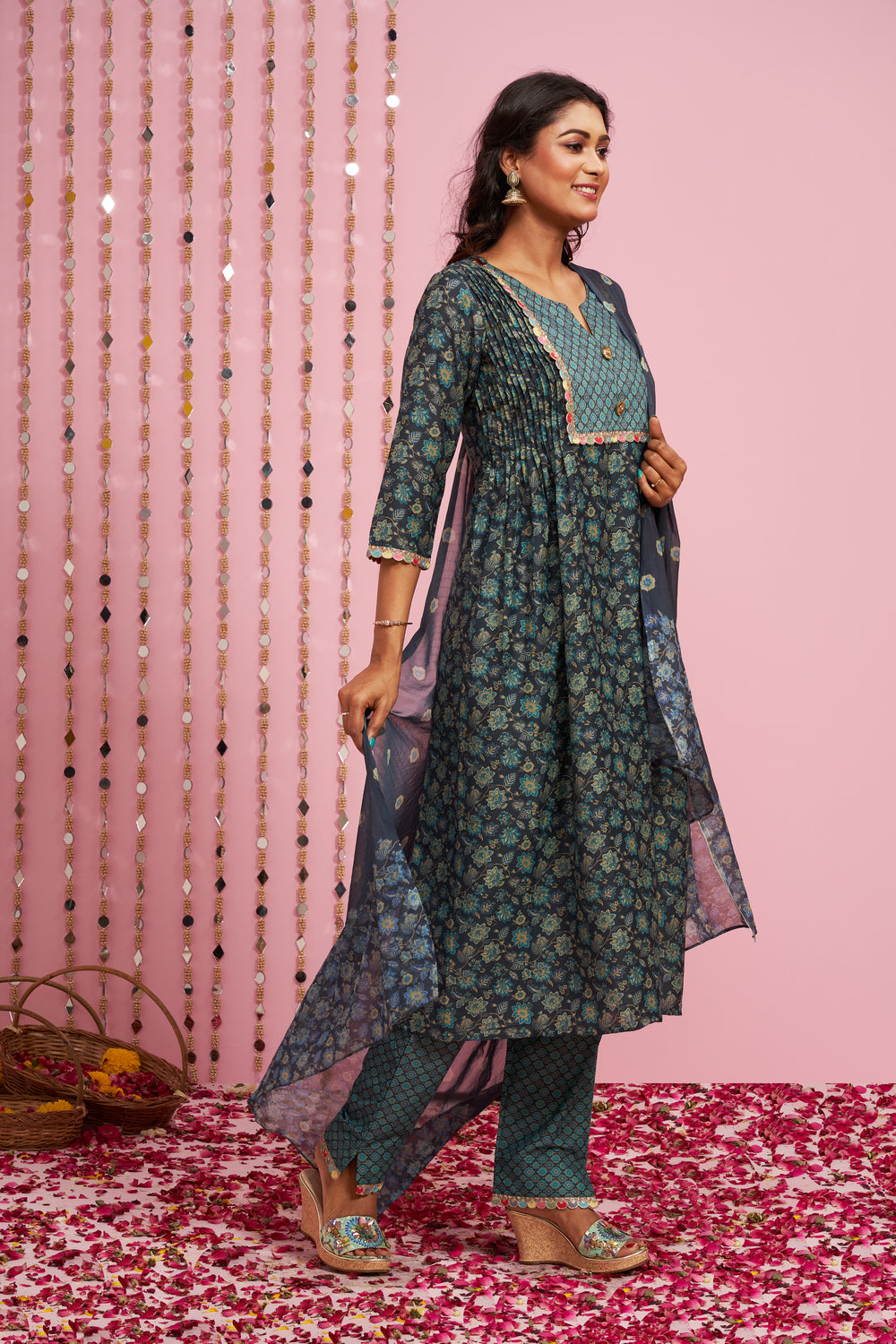 Foil Printed Kurti Set With Dupatta