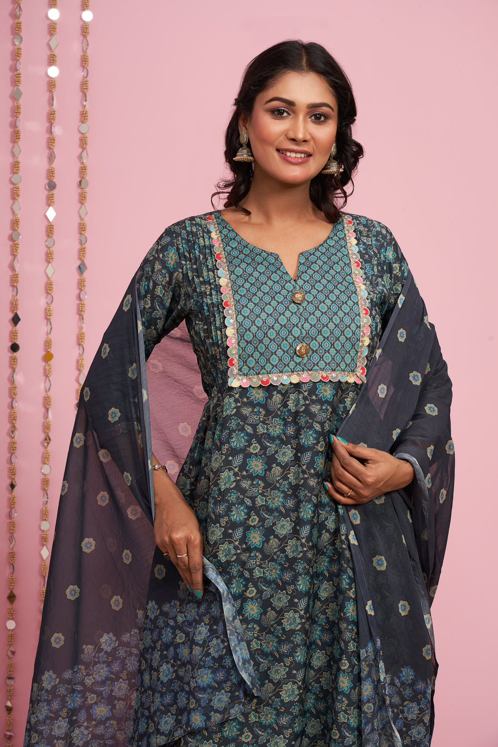 Foil Printed Kurti Set With Dupatta