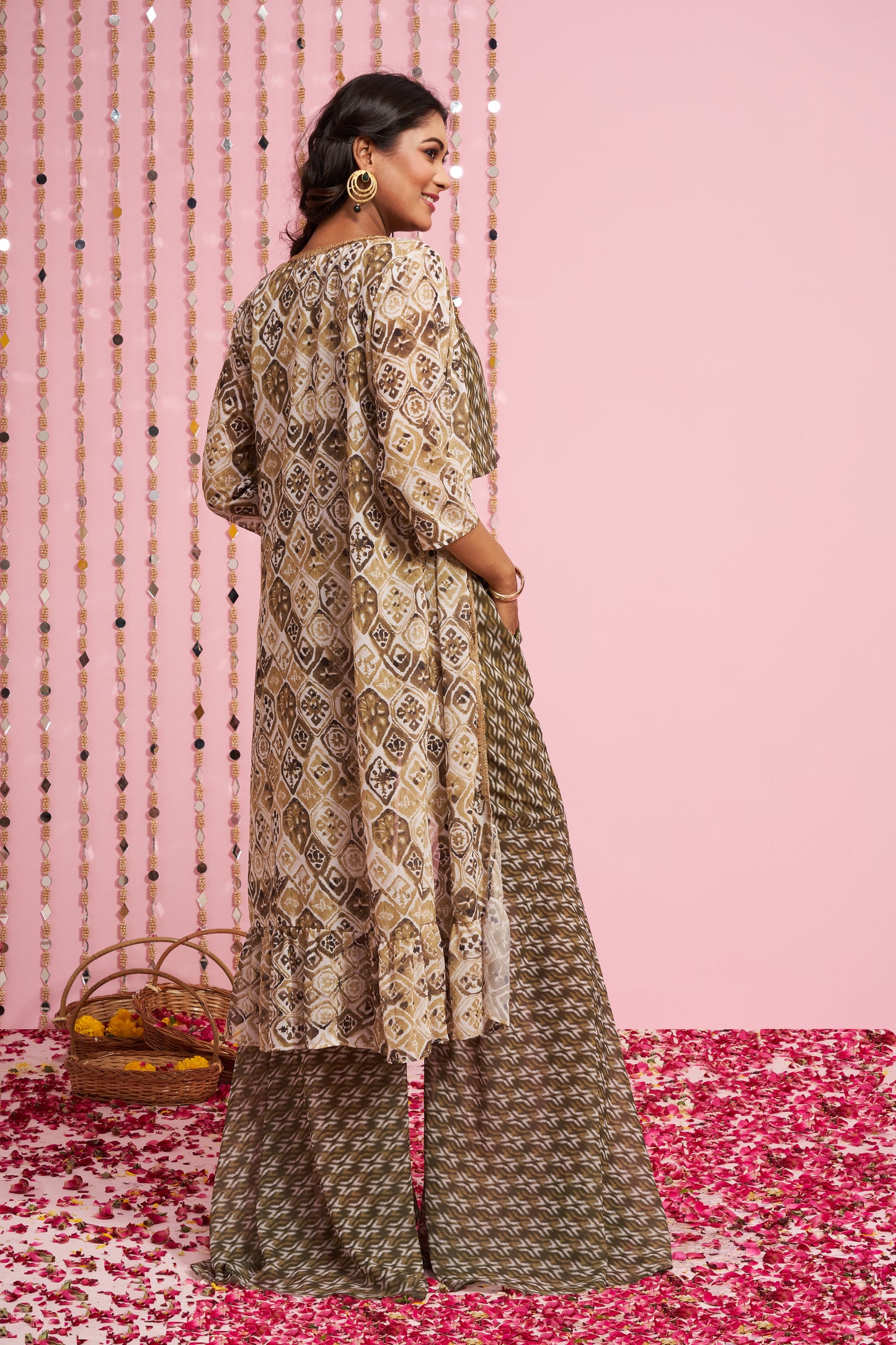 Printed Top And Palazzo Set With Jacket