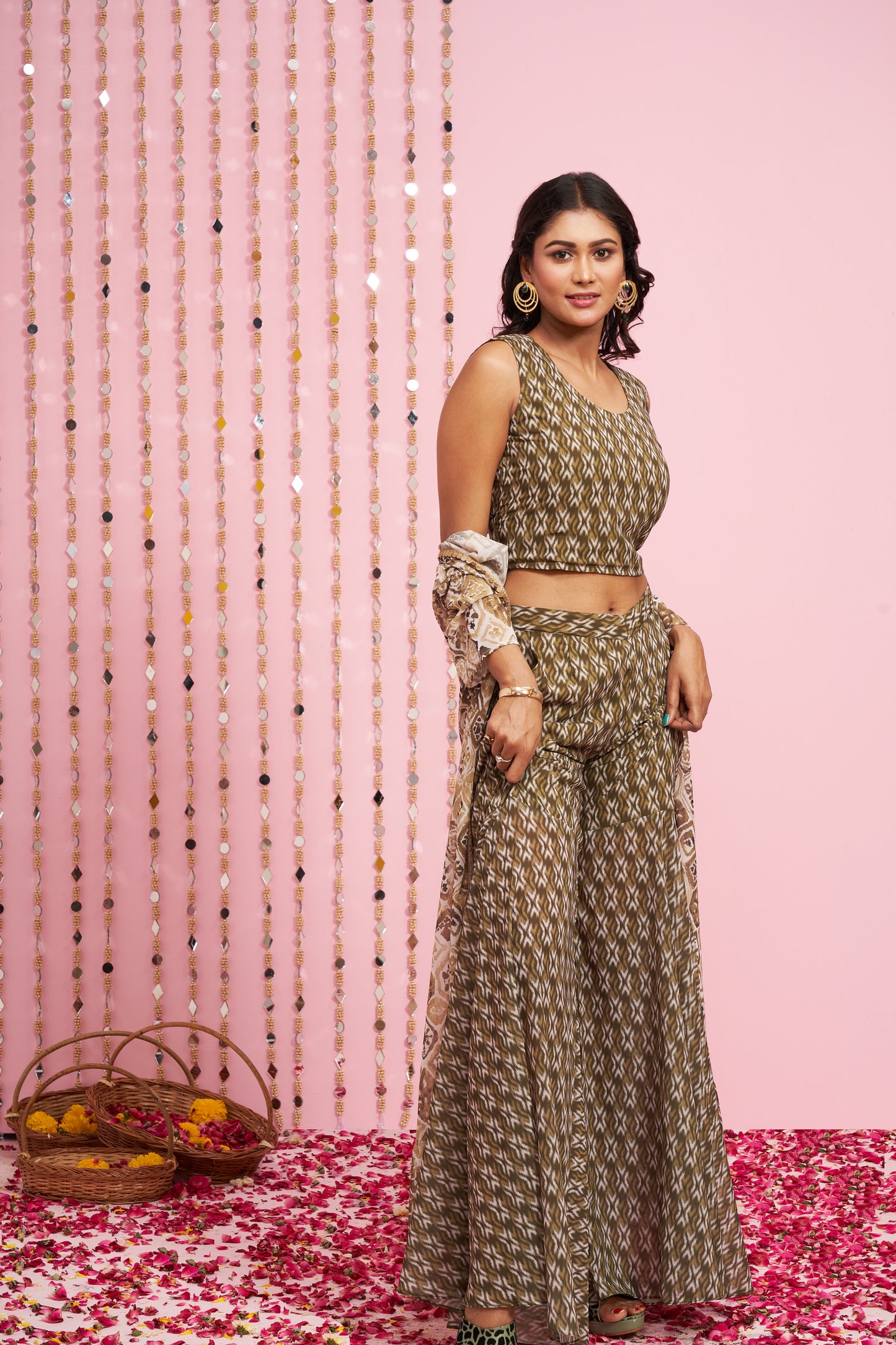 Printed Top And Palazzo Set With Jacket