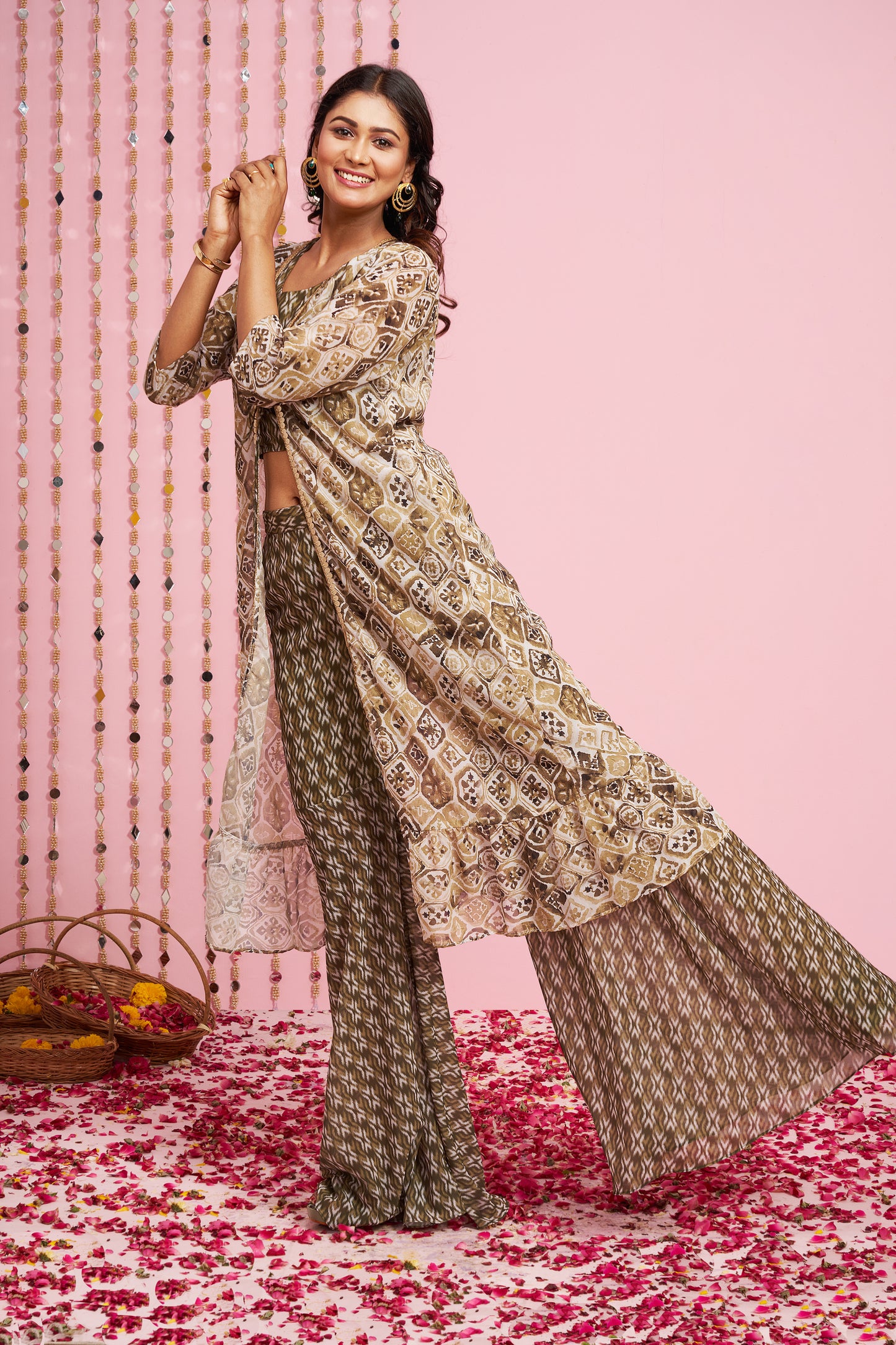Printed Top And Palazzo Set With Jacket