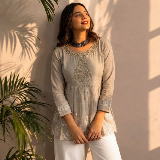 Ivory Embroidered Gathered Short Tunic