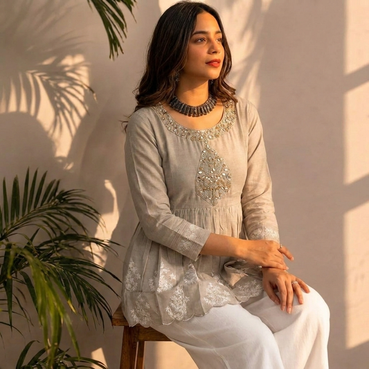 Ivory Embroidered Gathered Short Tunic