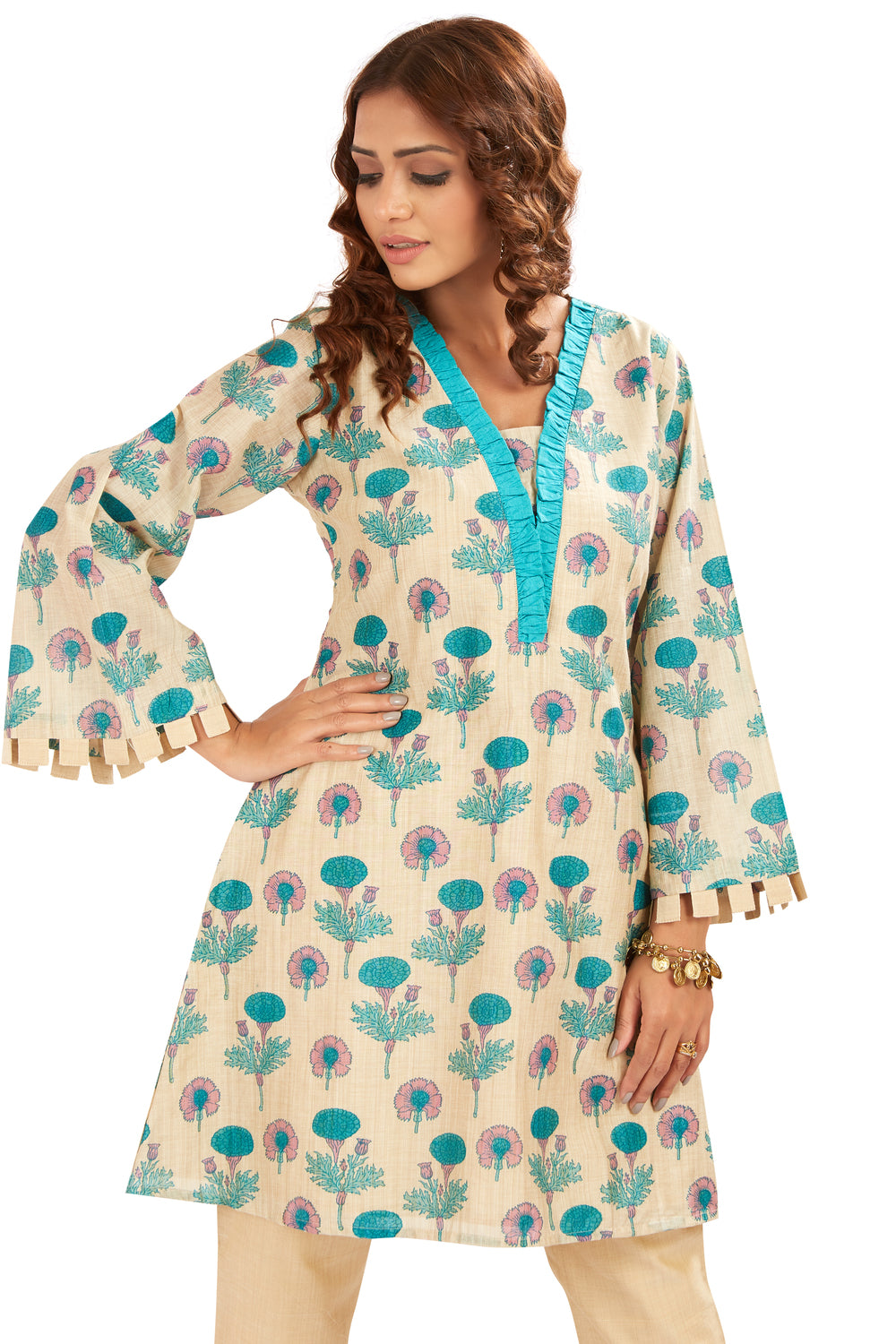 Bell Sleeves Floral Printed Kurti Set