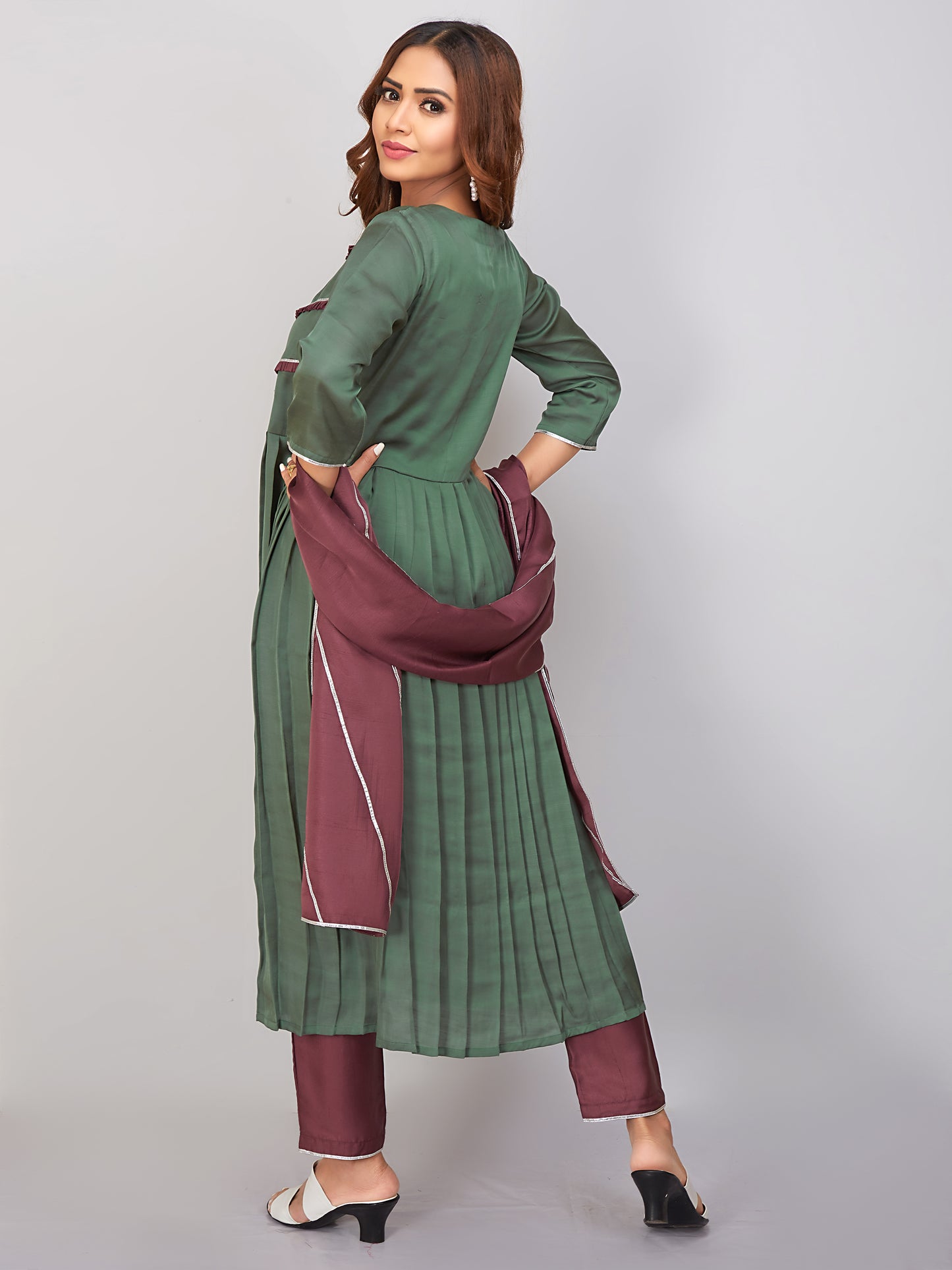 A-line Pleated Kurti Set With Dupatta