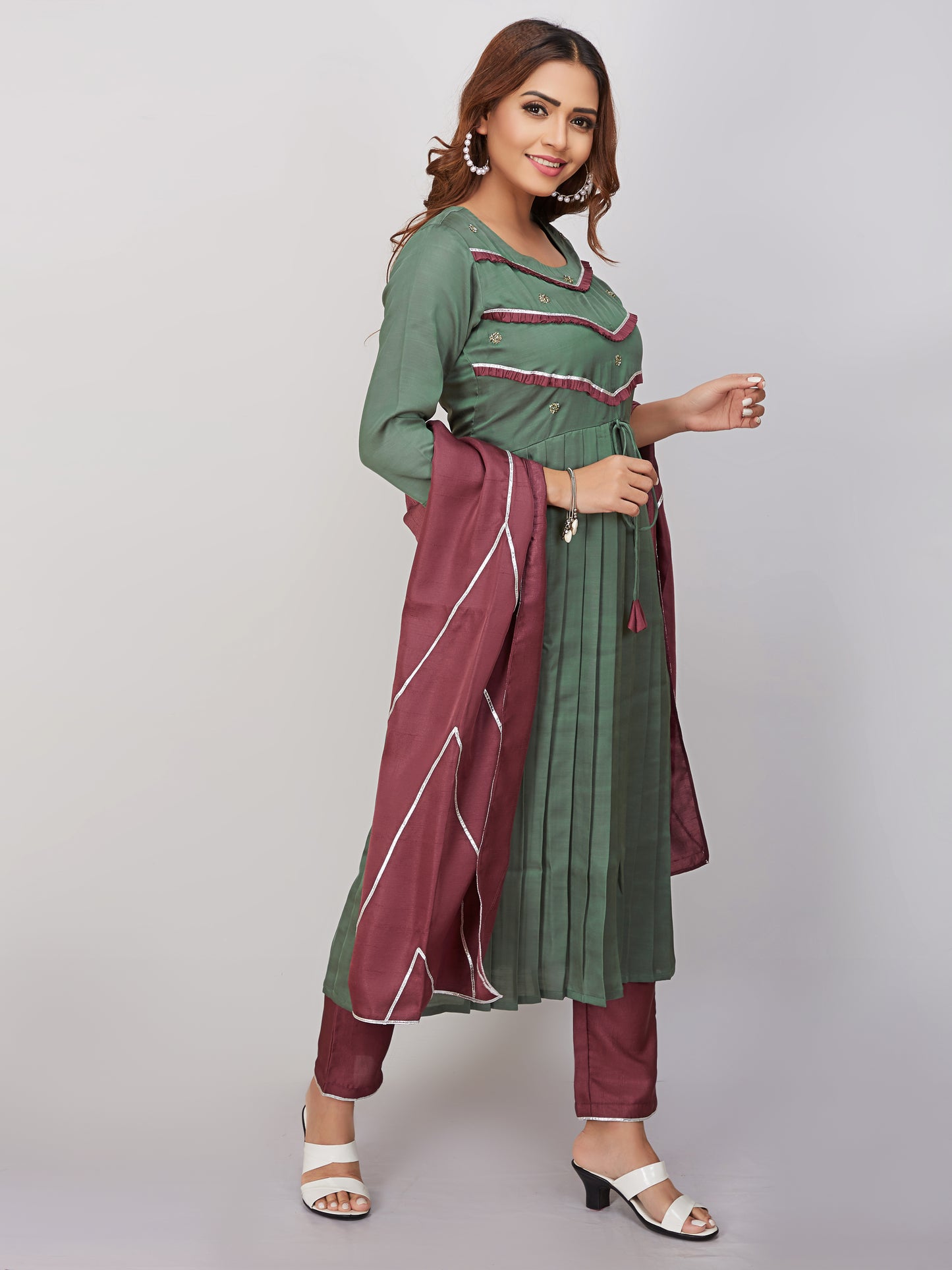 A-line Pleated Kurti Set With Dupatta
