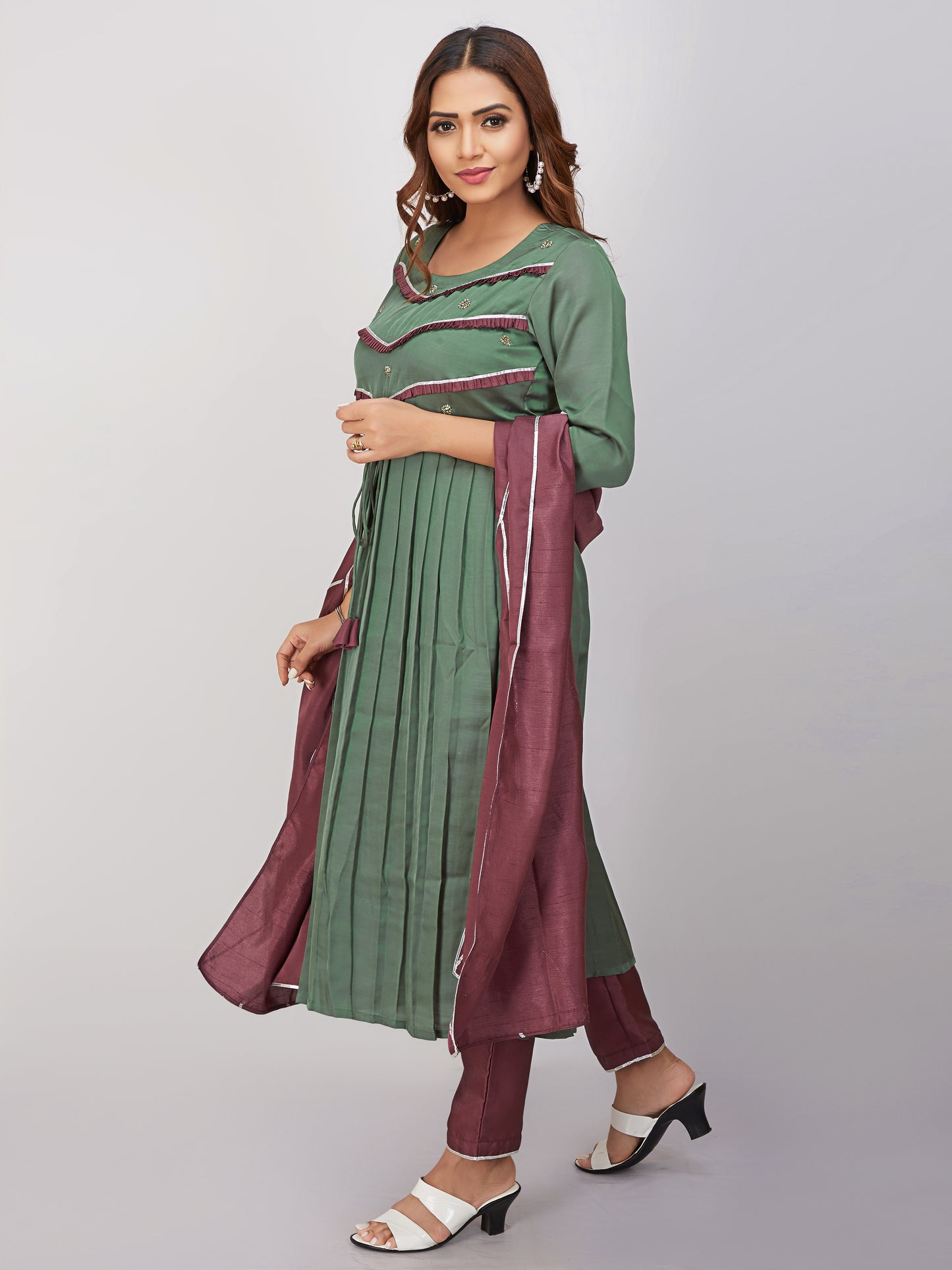 A-line Pleated Kurti Set With Dupatta