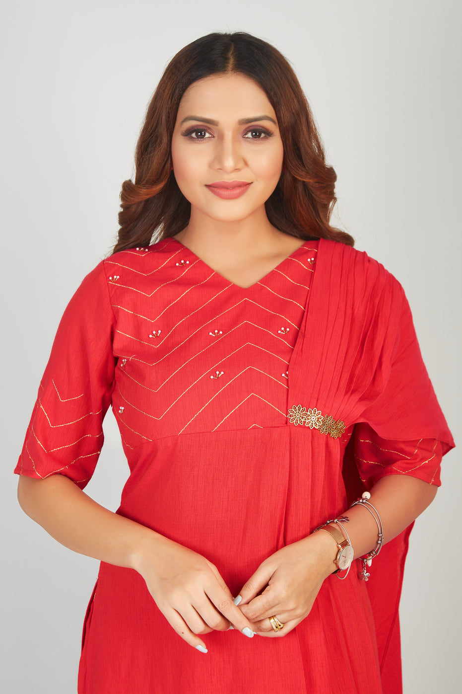Pearl Emboridered Kurti Set With Attached Dupatta