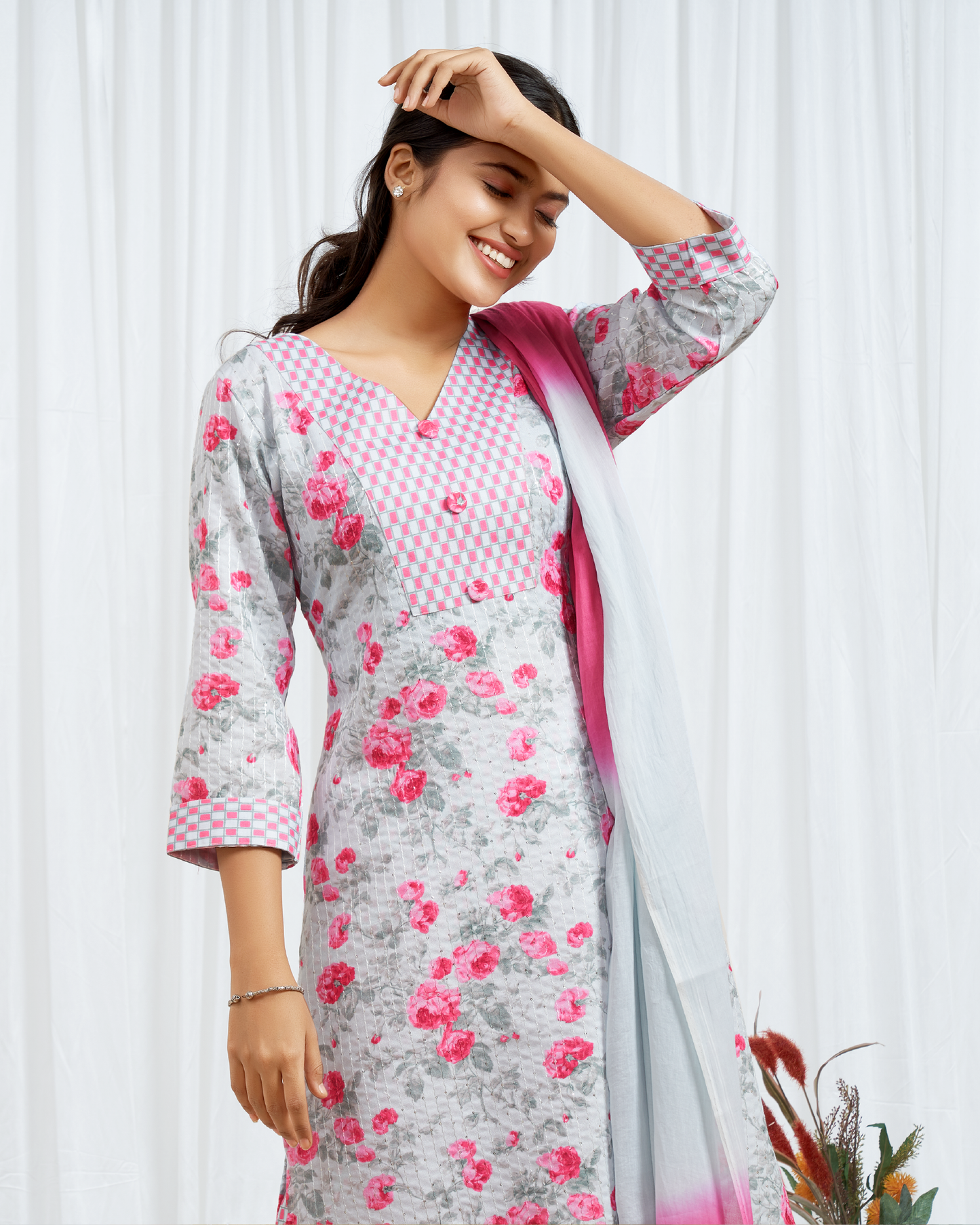 Pink Floral And Checks Printed Kurti Set With Dupatta