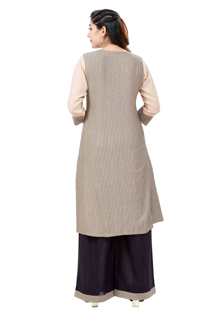 Beige Rayon Designer Kurti With Wide Legged Palazzo