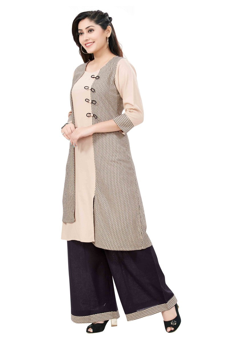 Beige Rayon Designer Kurti With Wide Legged Palazzo