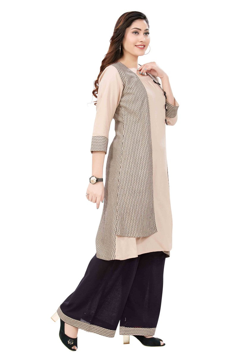 Beige Rayon Designer Kurti With Wide Legged Palazzo