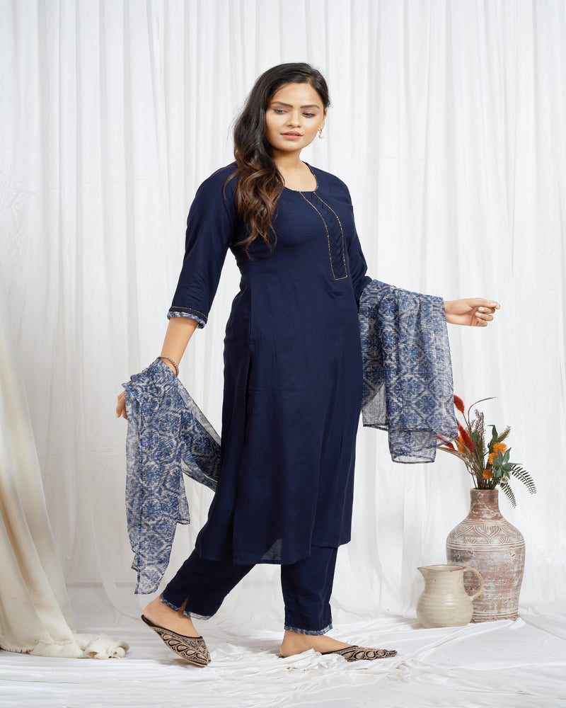 Navy Blue Rayon Kurti Set With Abstract Printed Dupatta