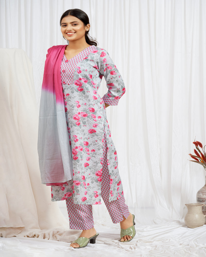 Pink Floral And Checks Printed Kurti Set With Dupatta