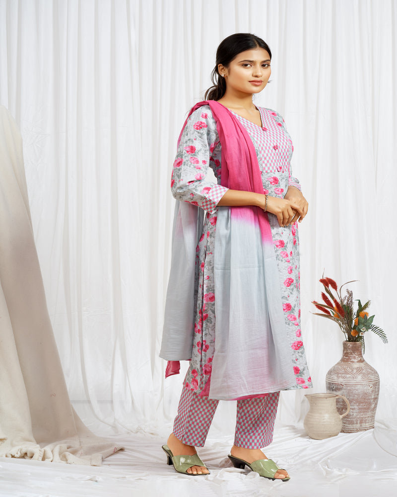 Pink Floral And Checks Printed Kurti Set With Dupatta