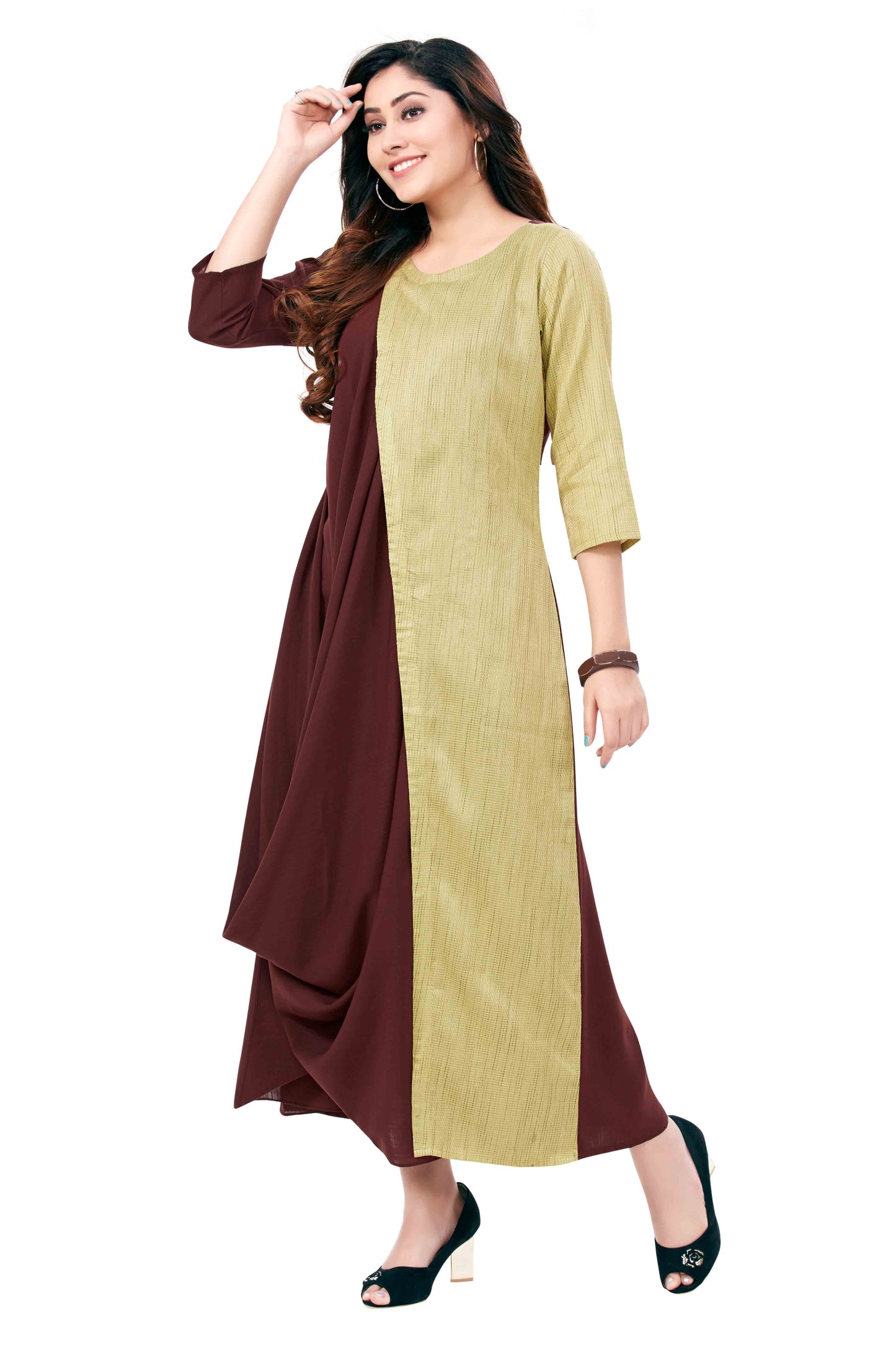 Drape Kurti In Brown & Lime Green