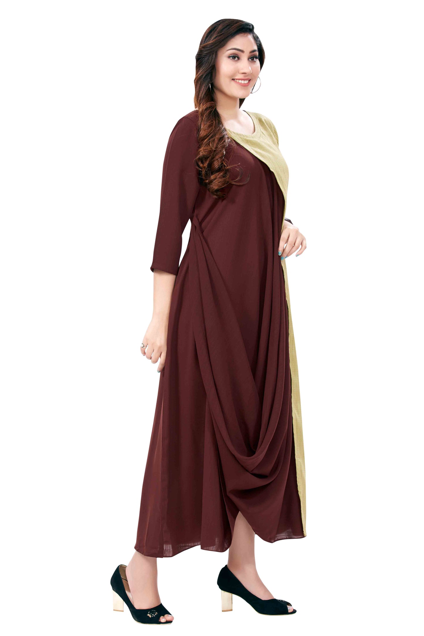 Drape Kurti In Brown & Lime Green