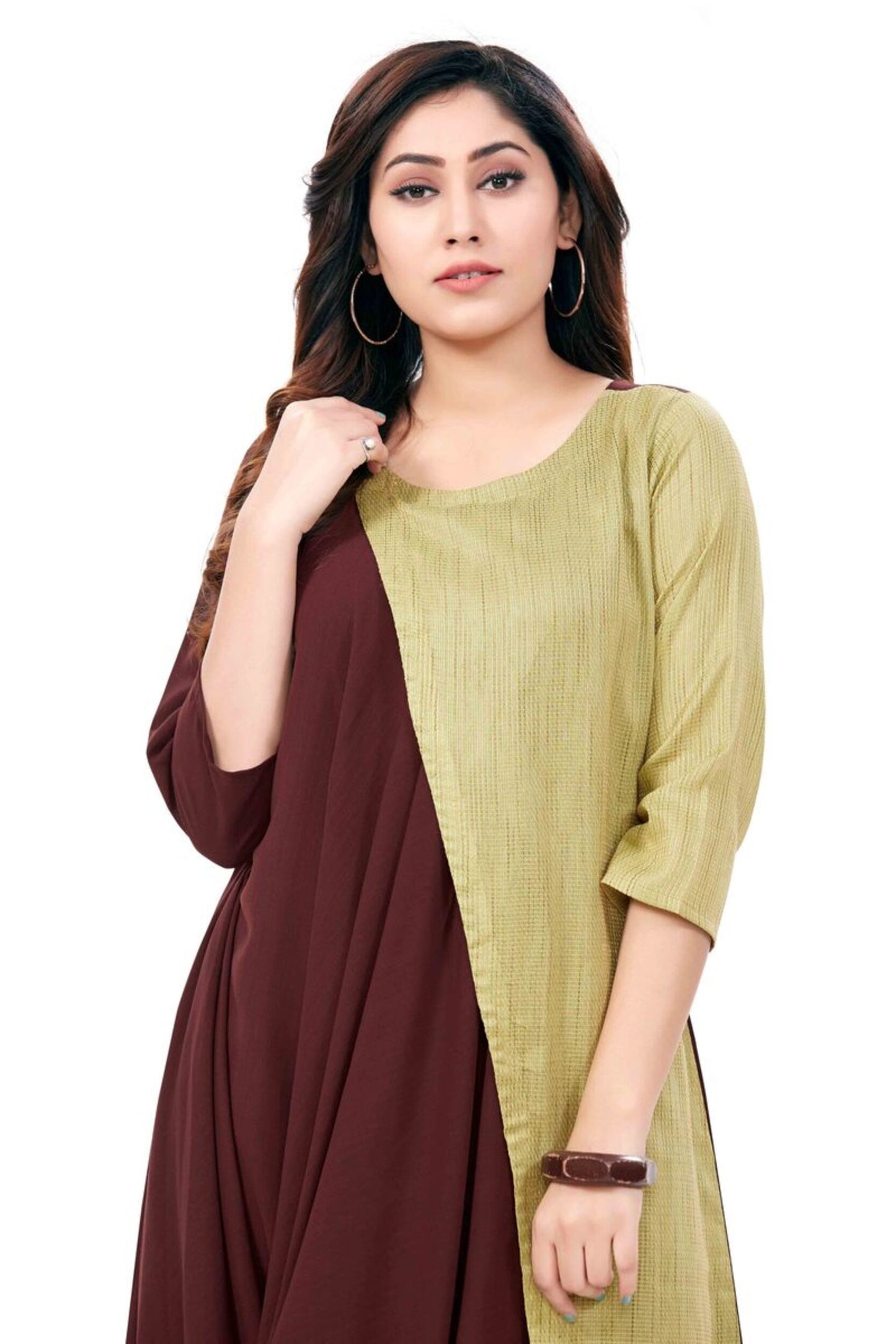 Drape Kurti In Brown & Lime Green