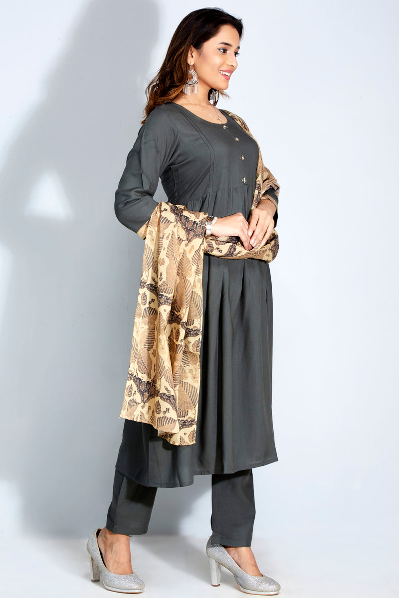 A-line Kurti With Pant & Printed Dupatta