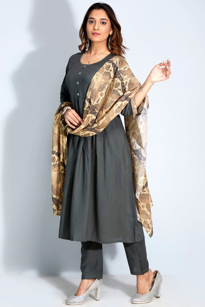 A-line Kurti With Pant & Printed Dupatta