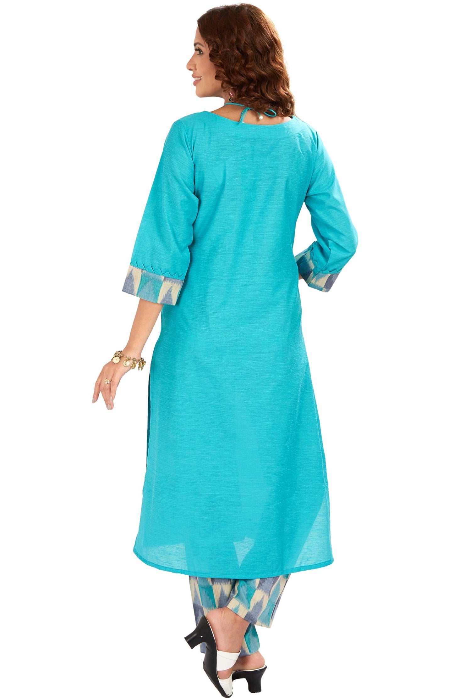 Bright Blue Cotton Slub Kurti With Ikkat Pants