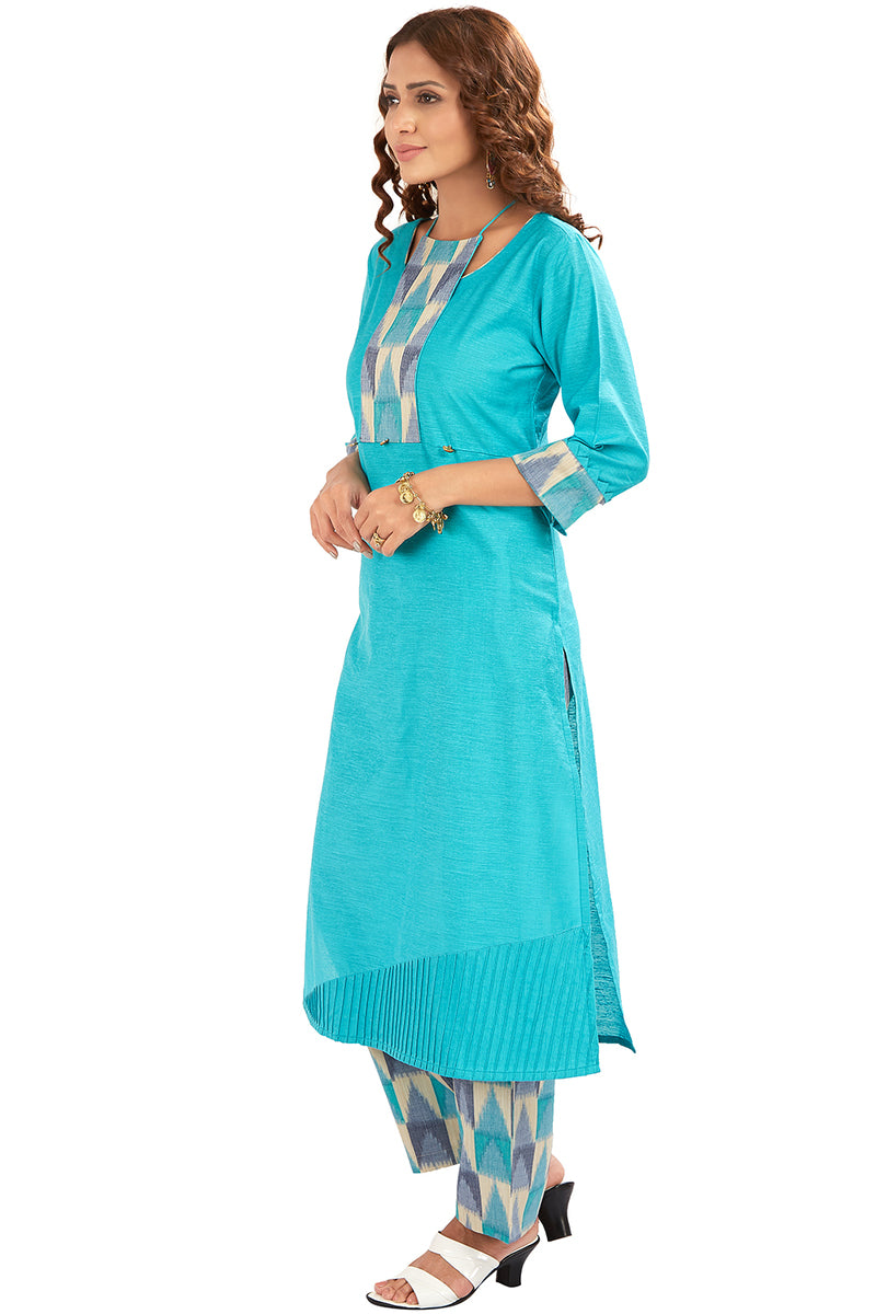 Bright Blue Cotton Slub Kurti With Ikkat Pants