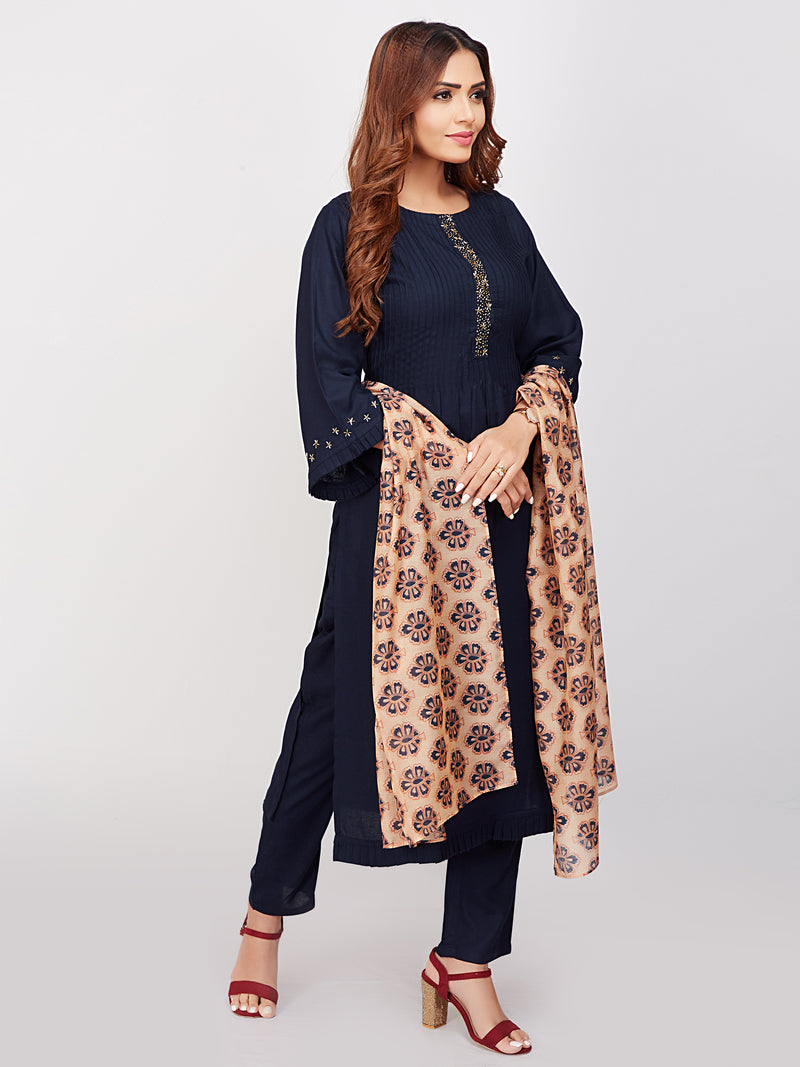 Pintucks Kurti Set With Printed Dupatta